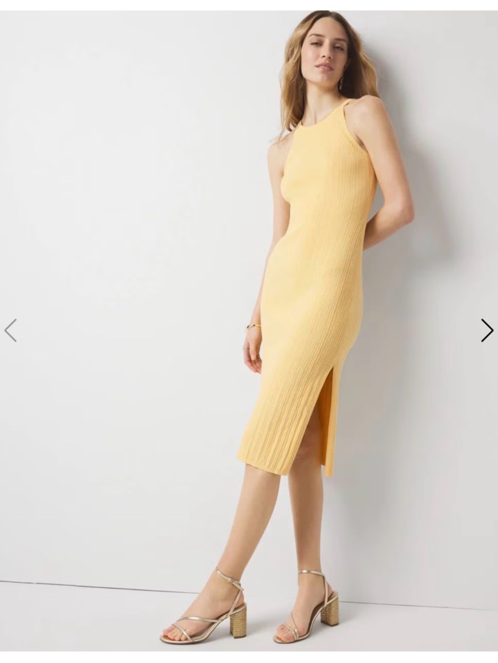White House Black Market Sleeveless Ribbed Midi Dress in Pale Yellow